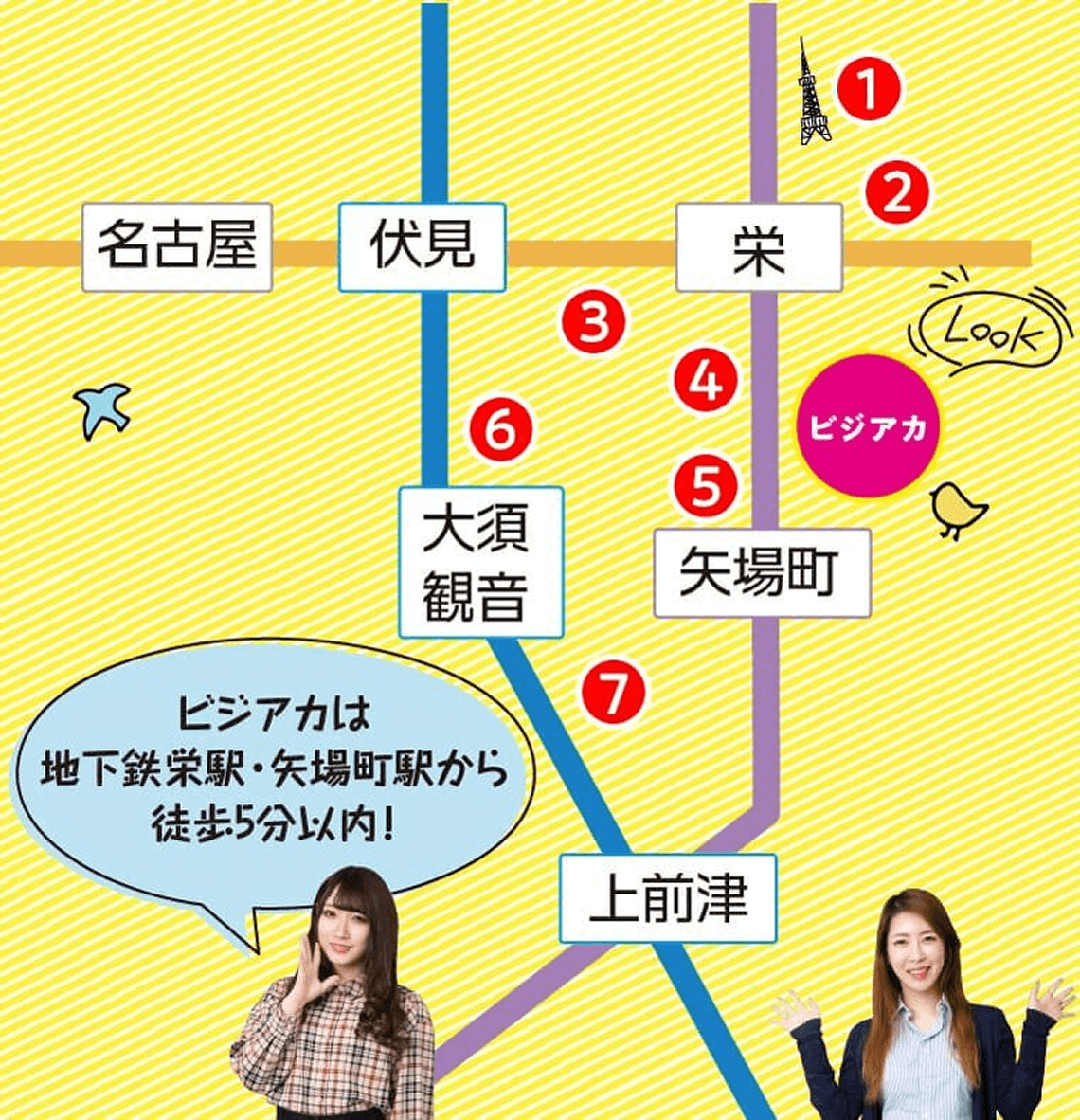 ビジアカは地下鉄栄駅・矢場町駅から徒歩5分以内!